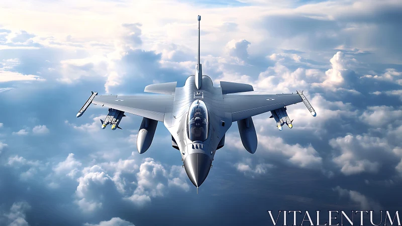 Single-engine fighter jet with external stores over stratocumulus deck