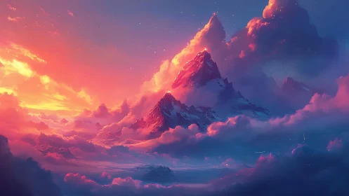 Sunset-ignited alpine peaks emerge through chromatic cloud strata