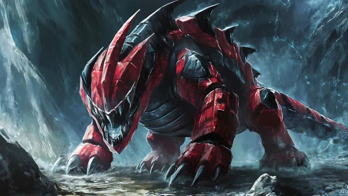 Crimson tectonic titan stalking through a stormlit cavern.