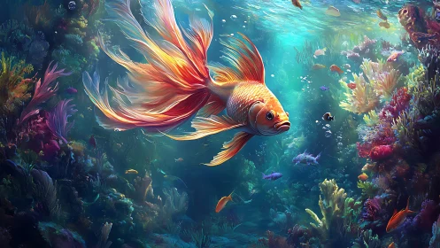 Golden fish drifting through a glowing coral wonderland.