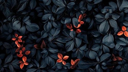Dark foliage background with scattered orange leaves pattern.