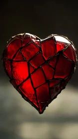 Fragmented red glass heart against dark blurred background.
