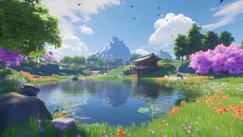 Lakeside blossom retreat beneath storybook mountain skies.