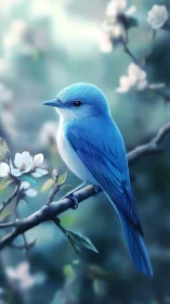 Cerulean Songbird Perched Among Delicate Blossoms.