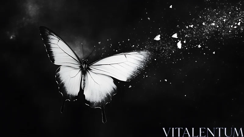 Monochrome butterfly disintegrating into luminous particle shards