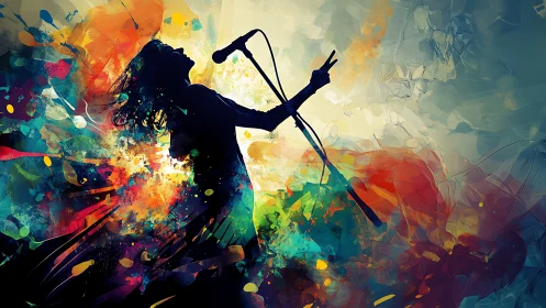 Chromatic vocalist silhouette amid kinetic pigment vectors.