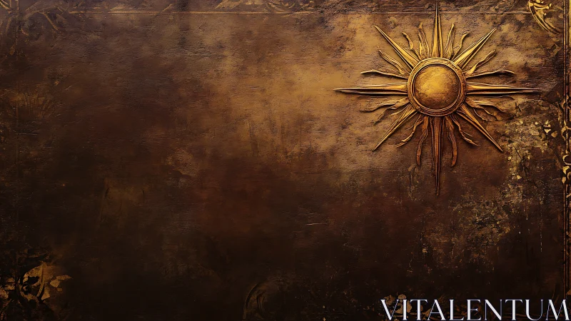 Golden sun emblem glows against distressed bronze canvas