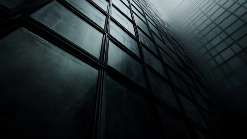 Storm-dark glass towers vanish into a cold urban fog
