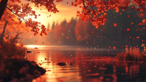 Gentle autumn lake glows warmly beneath drifting red leaves