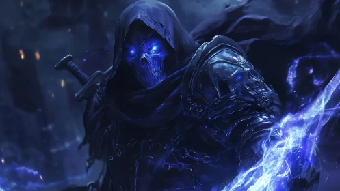 Hooded death knight channels blue spectral energy in storm