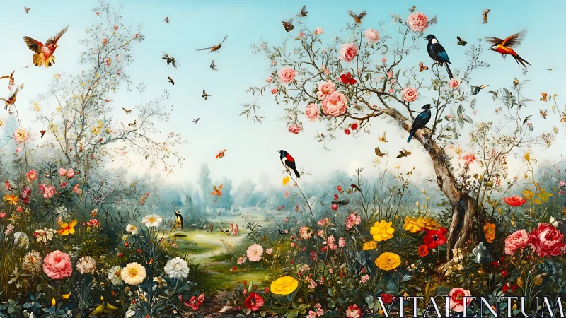 Birds and blossoms fill a luminous spring meadow in bloom