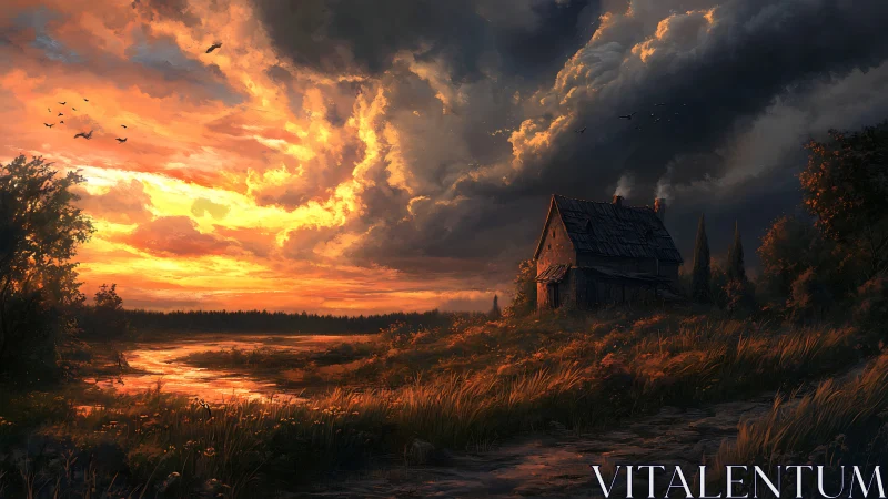 Rural house beside river under dense sunset clouds.