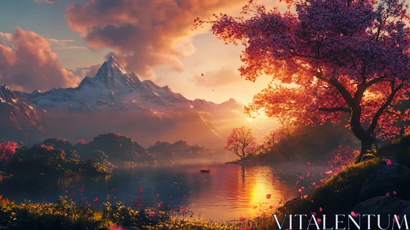 Sunlit cherry blossom lake beneath peaceful snowy peaks.