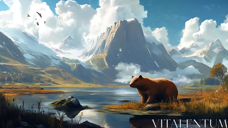 Brown bear at alpine lake within stratified mountain system.