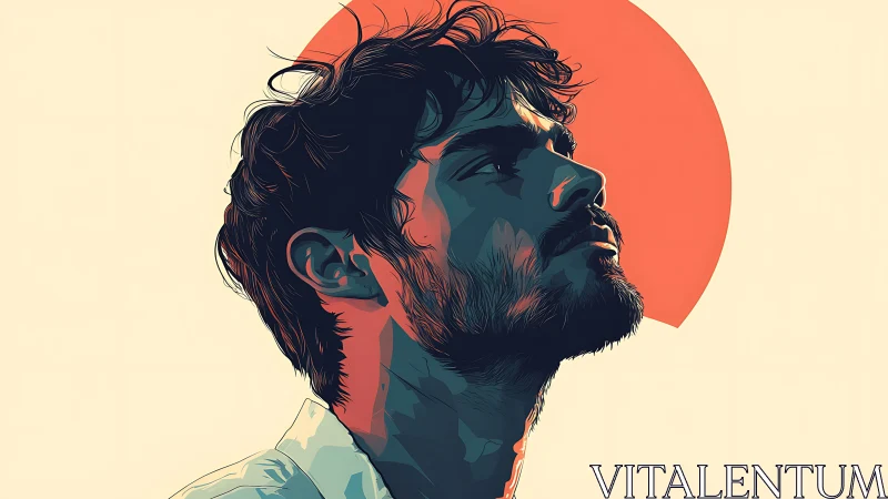 Stylized side portrait of man against bold red sun circle.