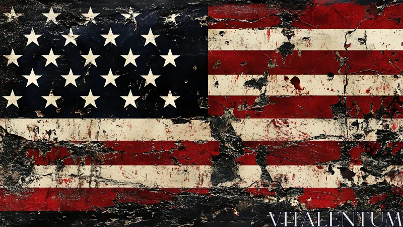 Weathered American flag with peeling paint and damage.