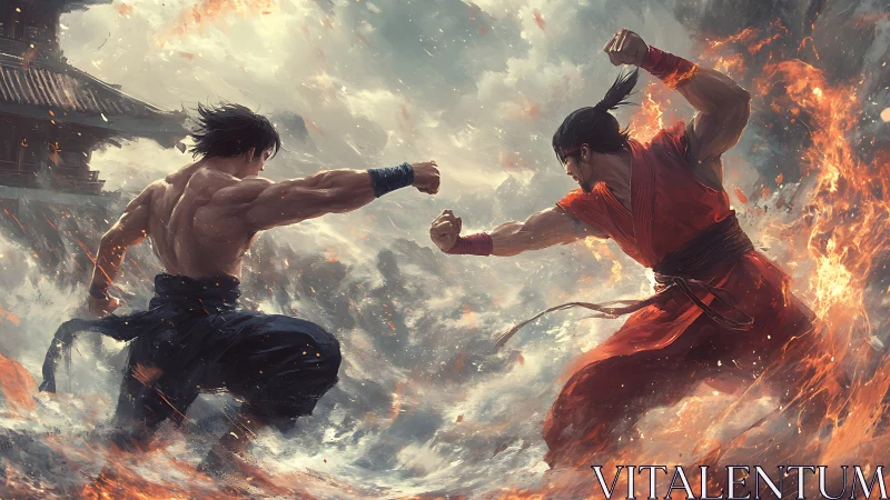 Elemental duel of martial artists in dynamic digital inferno.