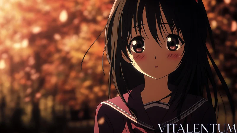Anime schoolgirl in uniform before defocused autumn foliage.