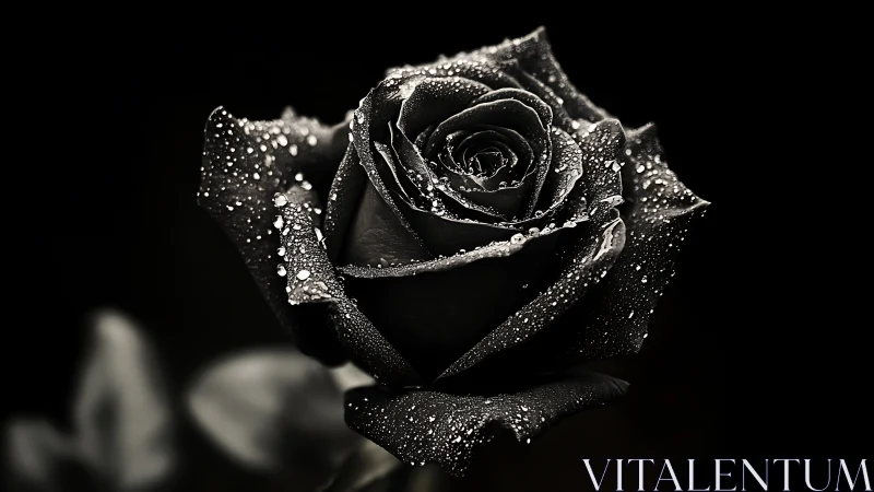 Single black rose holds glistening water droplets in darkness