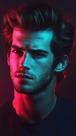 Moody male portrait under teal and magenta rim light.
