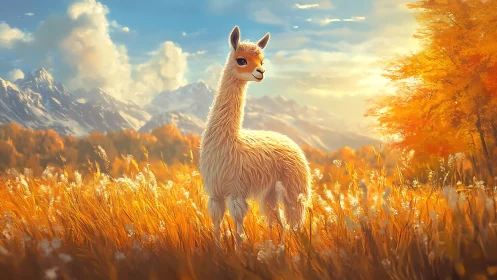Llama standing in golden autumn field with mountain backdrop.