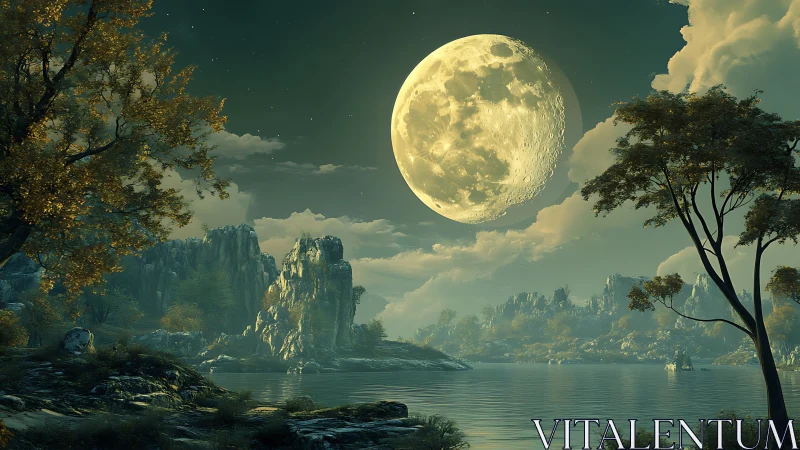 Moonrise Colossus Over Whisperlake Forest Dreamscape.