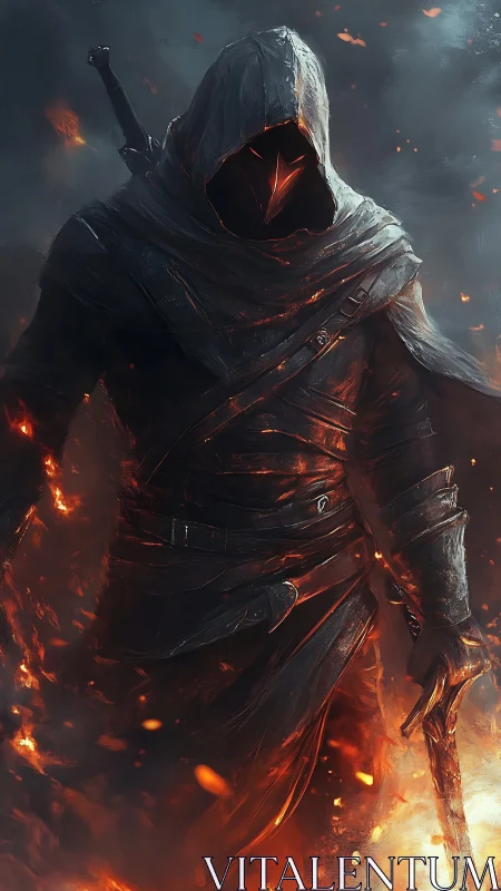 Hooded warrior in scorched armor strides through dynamic ember field