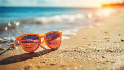 Orange sunglasses rest on sunlit shoreline in shallow focus