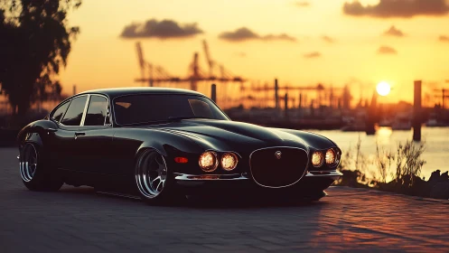 Low-slung classic luxury sedan rests beside industrial harbor sunset