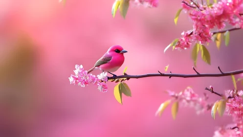Vibrant pink bird perched on blooming cherry blossom branch, soft focus.