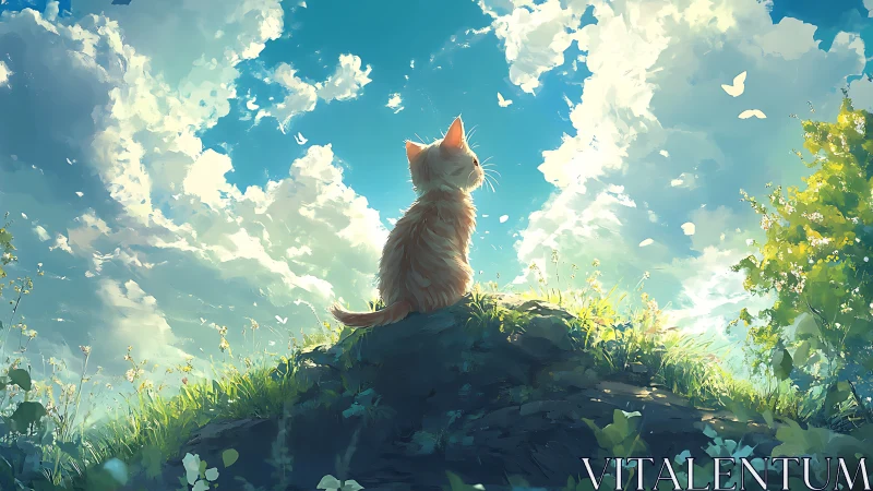 Feline figure positioned on elevated rock formation beneath sky.