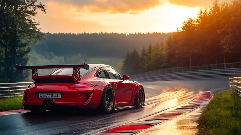 Sunlit red track car chasing the last glow of evening.