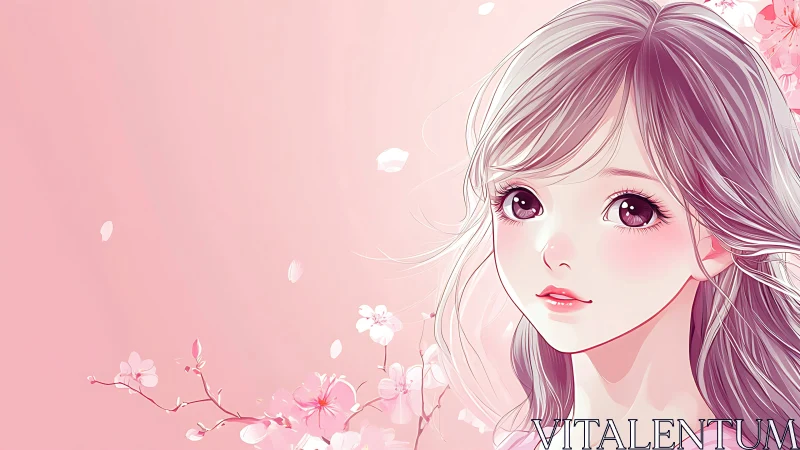 Anime girl portrait with soft pink cherry blossoms background.