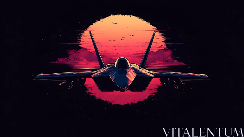 Jet slicing through neon sunset skies in bold color storm.