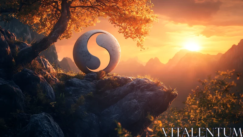 Stone yin yang sphere crowns cliff under blazing sunset.