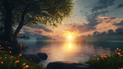 Lakeside golden hour panorama with flowering shoreline.