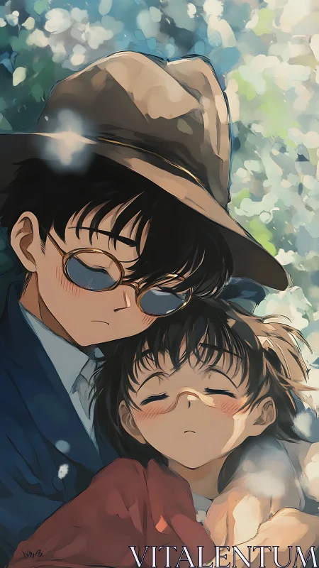 Two youths resting under dappled light in anime style.