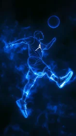 Neon blue outline of basketball player in midair motion.
