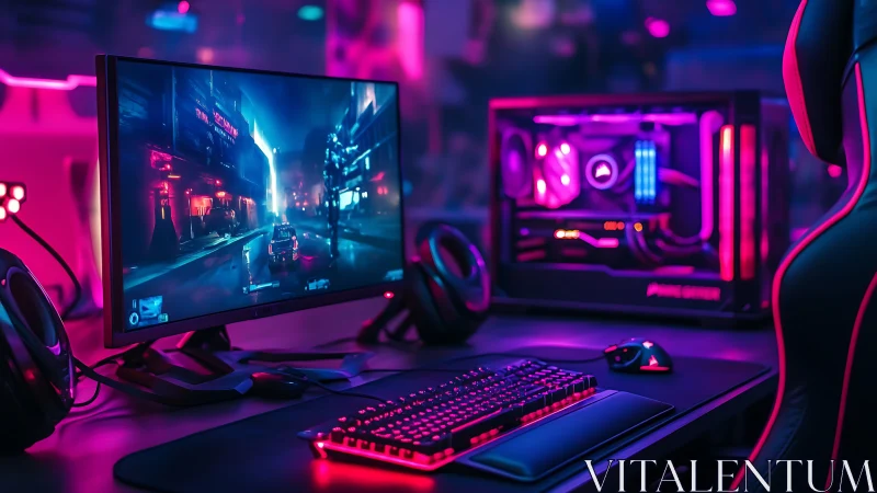 Custom RGB gaming PC setup with neon desktop gear.