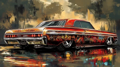 Lowrider coupe gleams under molten abstract city light.