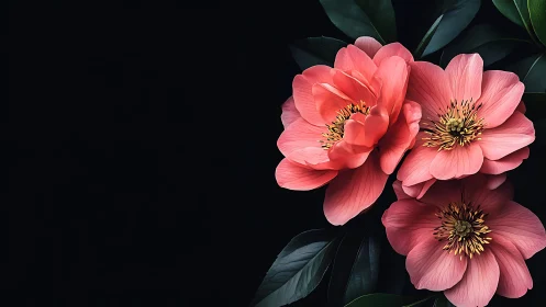 Three Coral Peonies with Golden Stamens Against Dark Background