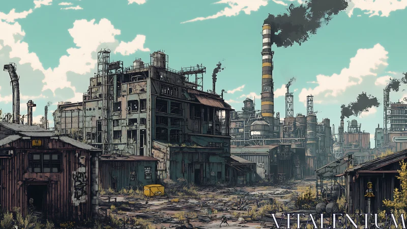 Post-apocalyptic industrial complex rendered in detailed comic style
