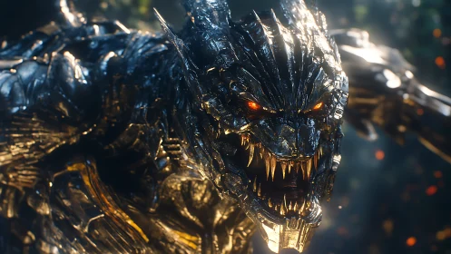Metallic demon dragon with glowing eyes in battle stance.