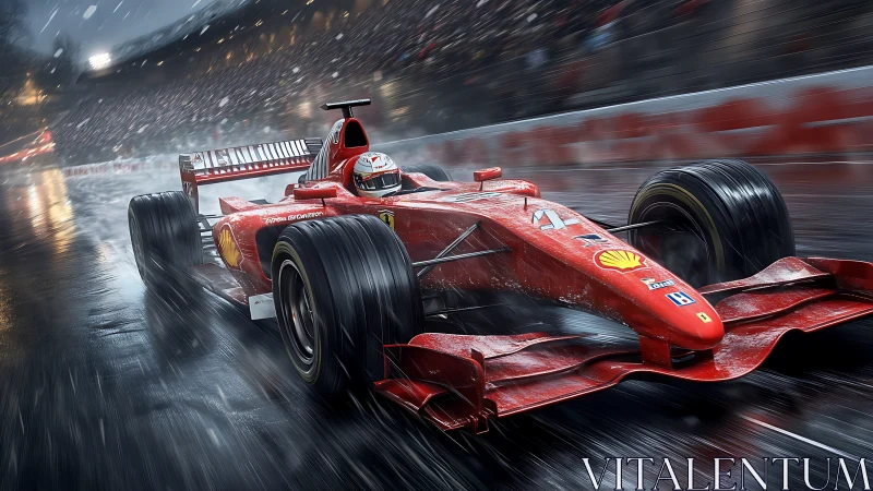 Red Formula racing car on wet track under heavy rain.