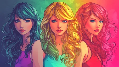 Colorful trio of dreamy girls with flowing rainbow hair.