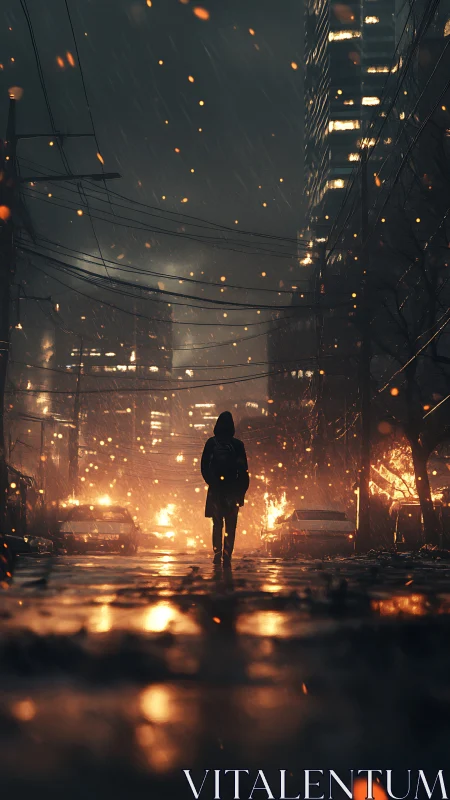 Lone hooded figure walks through burning rainy city street