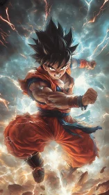 Storm-striking martial hero rocketing through crackling skies.