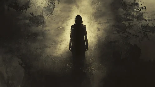 Mysterious Silhouette Standing in Abstract Darkness, Digital Art.
