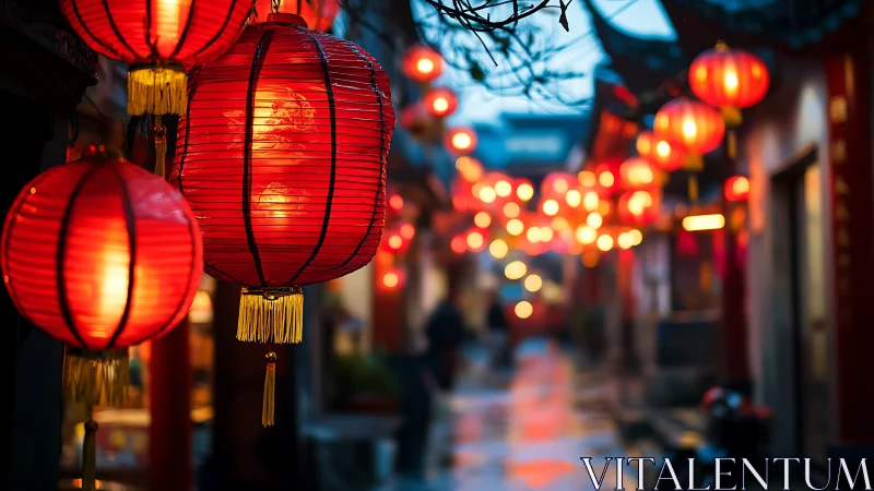 Red paper lanterns glow along wet alley at blue dusk
