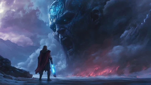 Warrior confronts colossal spectral titan in stormfire sky